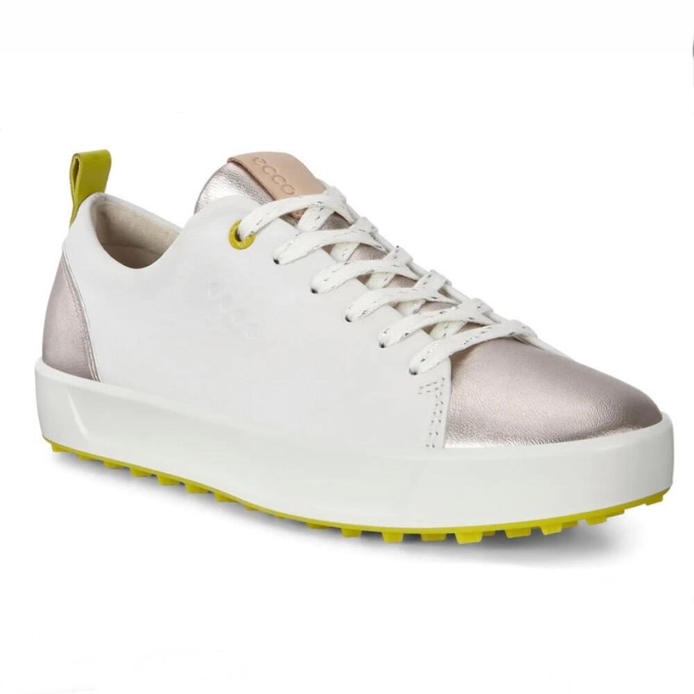 ECCO Golf Soft Women's White Rose Gold Metallic Toe Leather Golf Sneakers 10 NWT